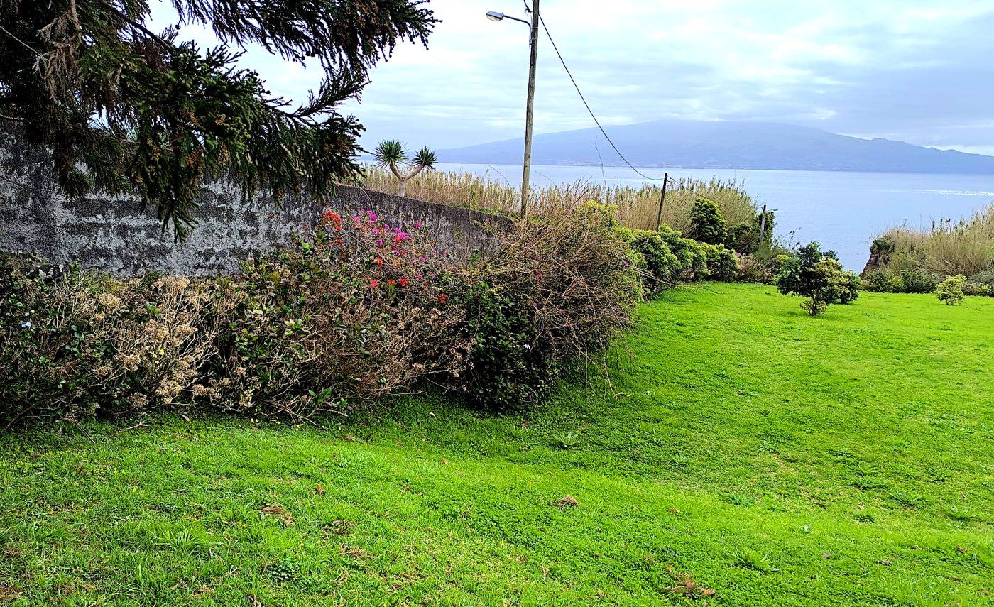 Relvado verde com muro de pedra e vista para o mar e a Ilha do Pico, Faial, Açores